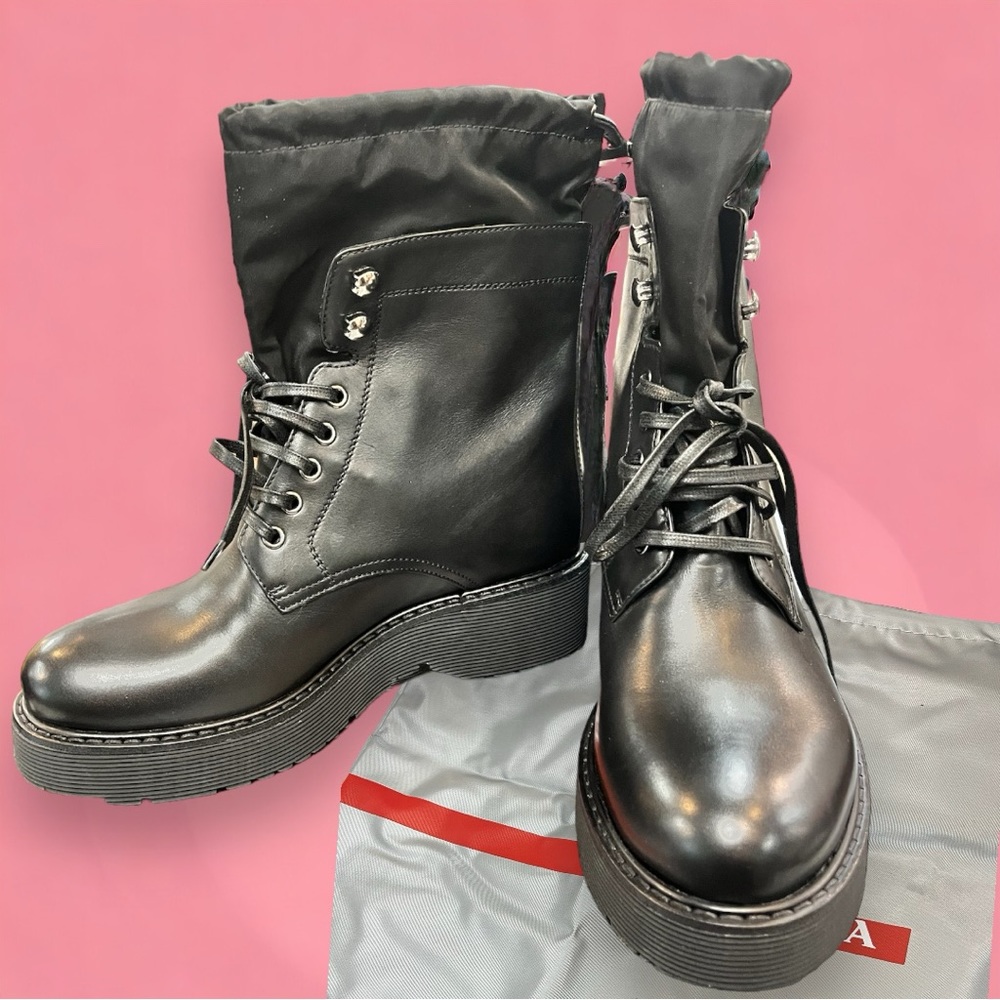 NIB Prada Ankle Black Leather & Nylon Combat Style Boots  - EU Size 37